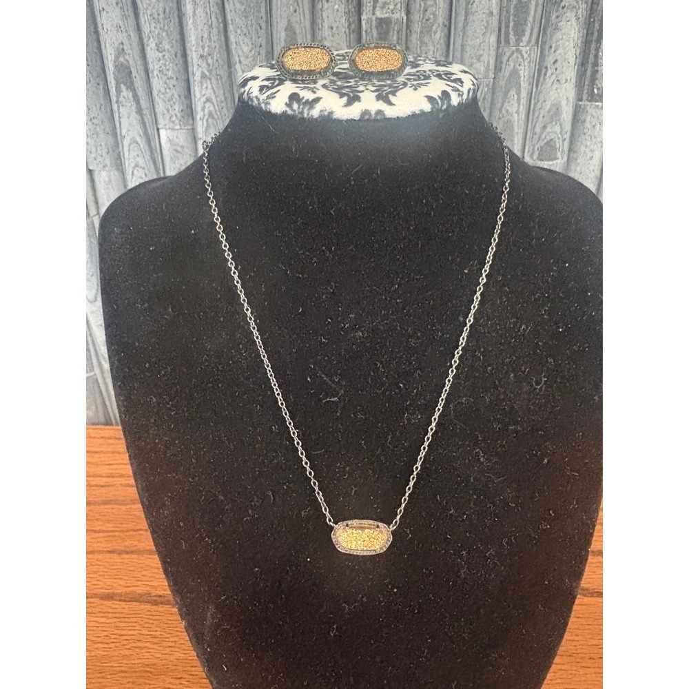 Kendra Scott Elisa Gunmetal Gold Drusy Necklace and Stud Earrings Set